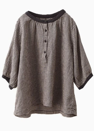 Brown Plaid Linen Top Oversized Half Sleeve