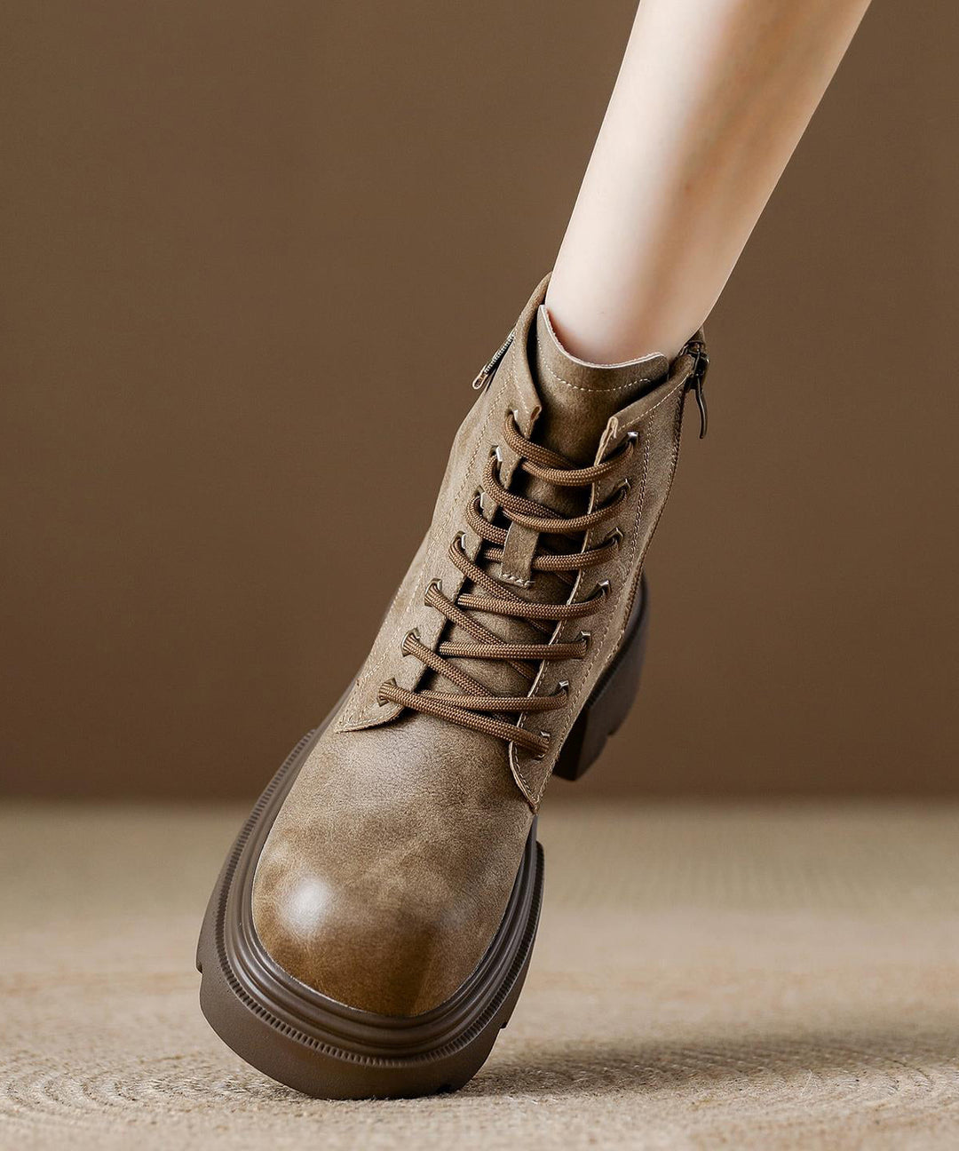 Brown Platform Cowhide Leather Women Splicing Boots Lace Up