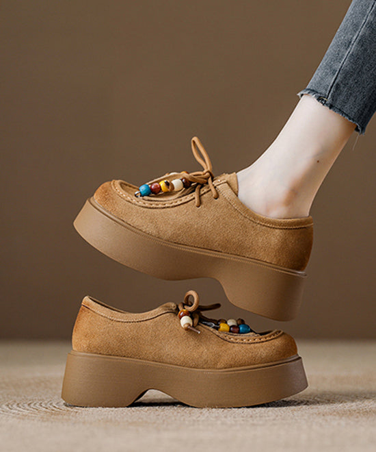 Brown Platform Suede Unique Lace Up Splicing Tassel