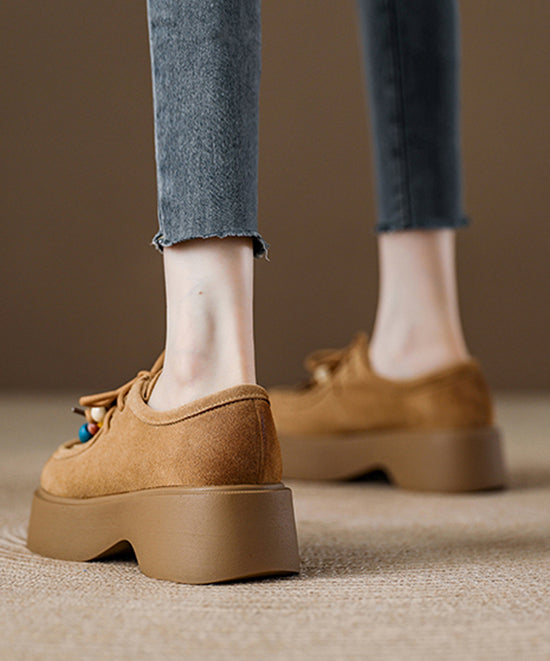 Brown Platform Suede Unique Lace Up Splicing Tassel