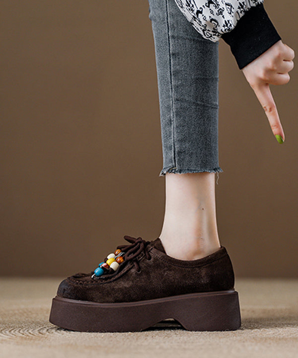 Brown Platform Suede Unique Lace Up Splicing Tassel