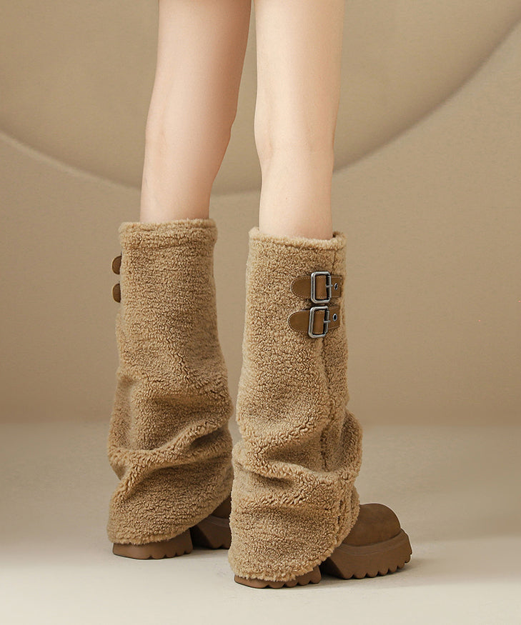 Brown Platform Teddy Faux Fur Stylish Splicing Boots