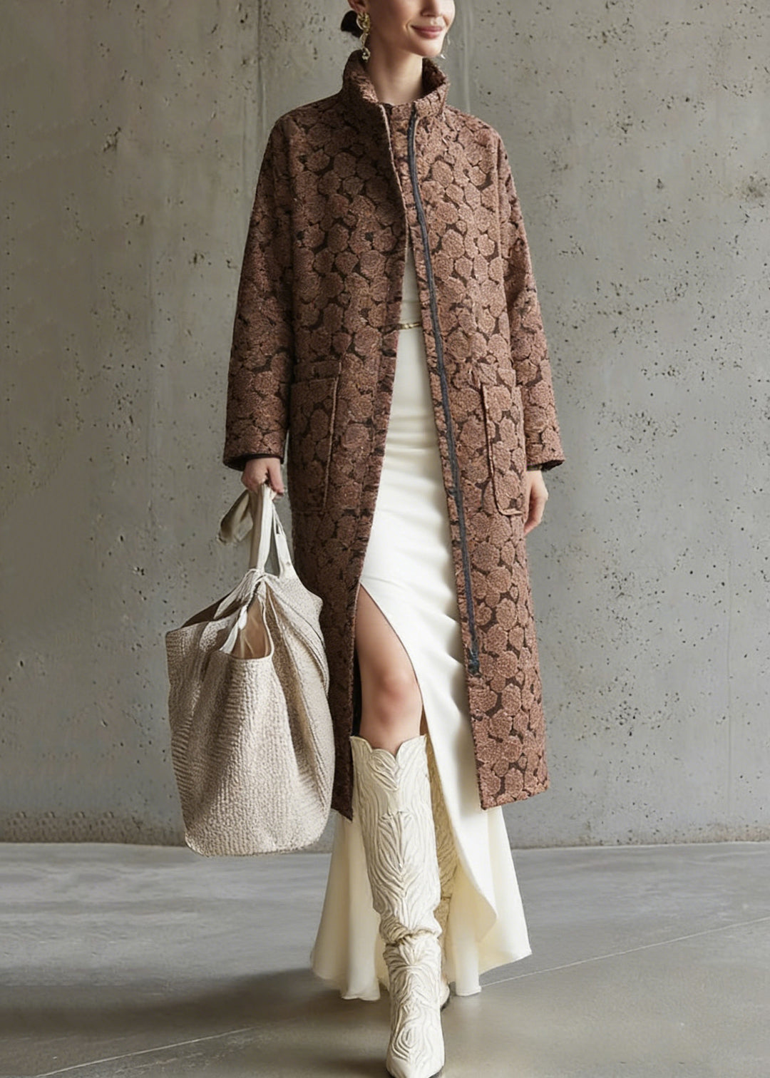 Brown Pockets Jacquard Cotton Filled Long Coats Zip Up