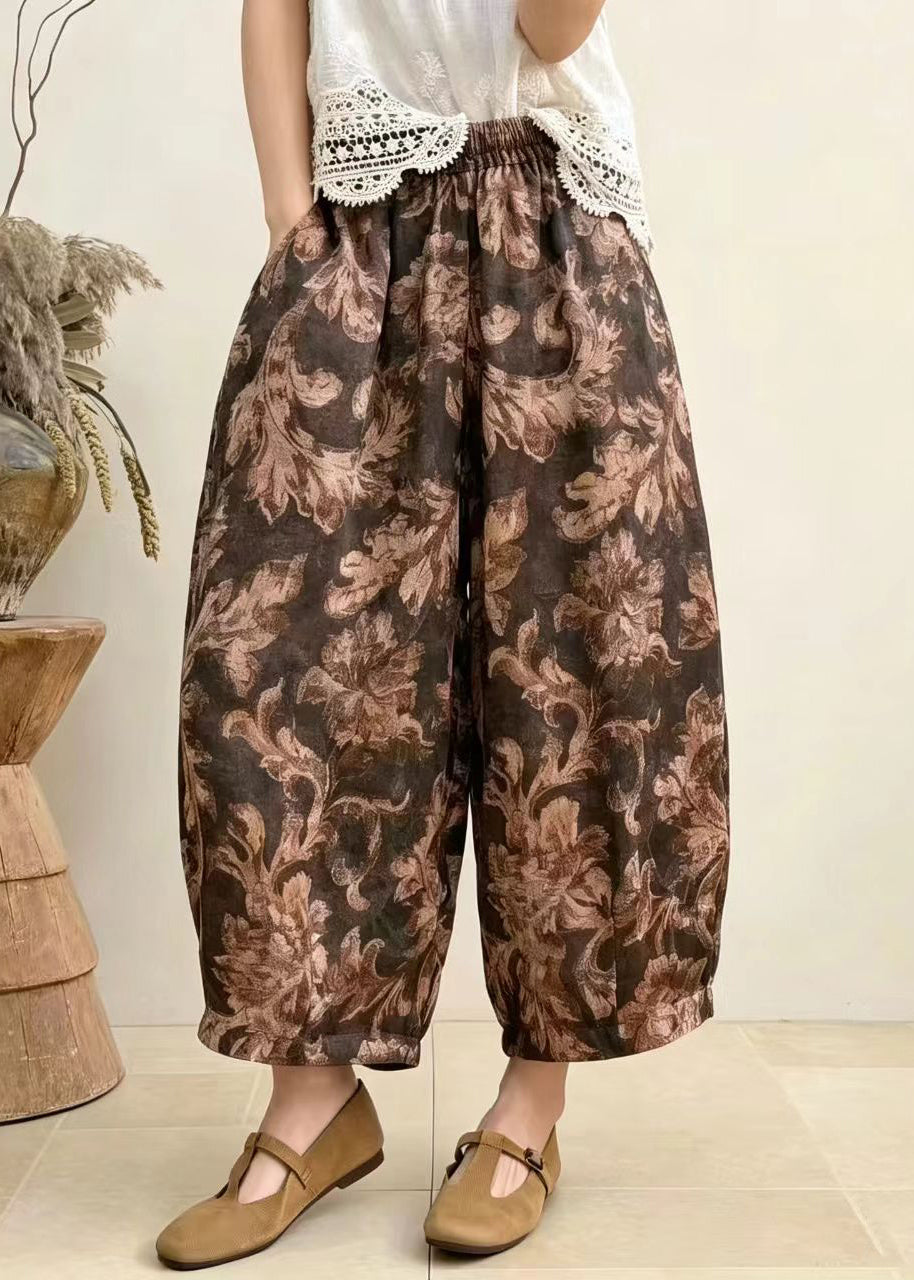Brown Pockets Print Harem Crop Pants Draping High Waist Summer