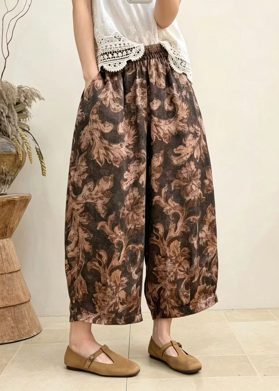 Brown Pockets Print Harem Crop Pants Draping High Waist Summer