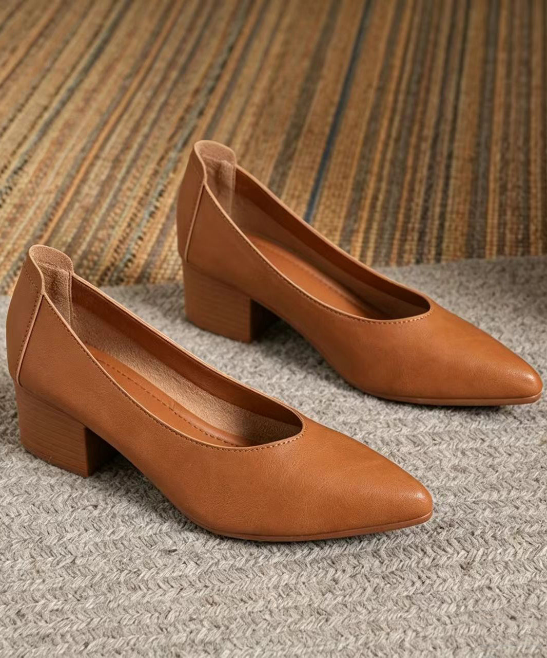 Brown Pointed Toe Faux Leather Low-Cut Chunky High Heels