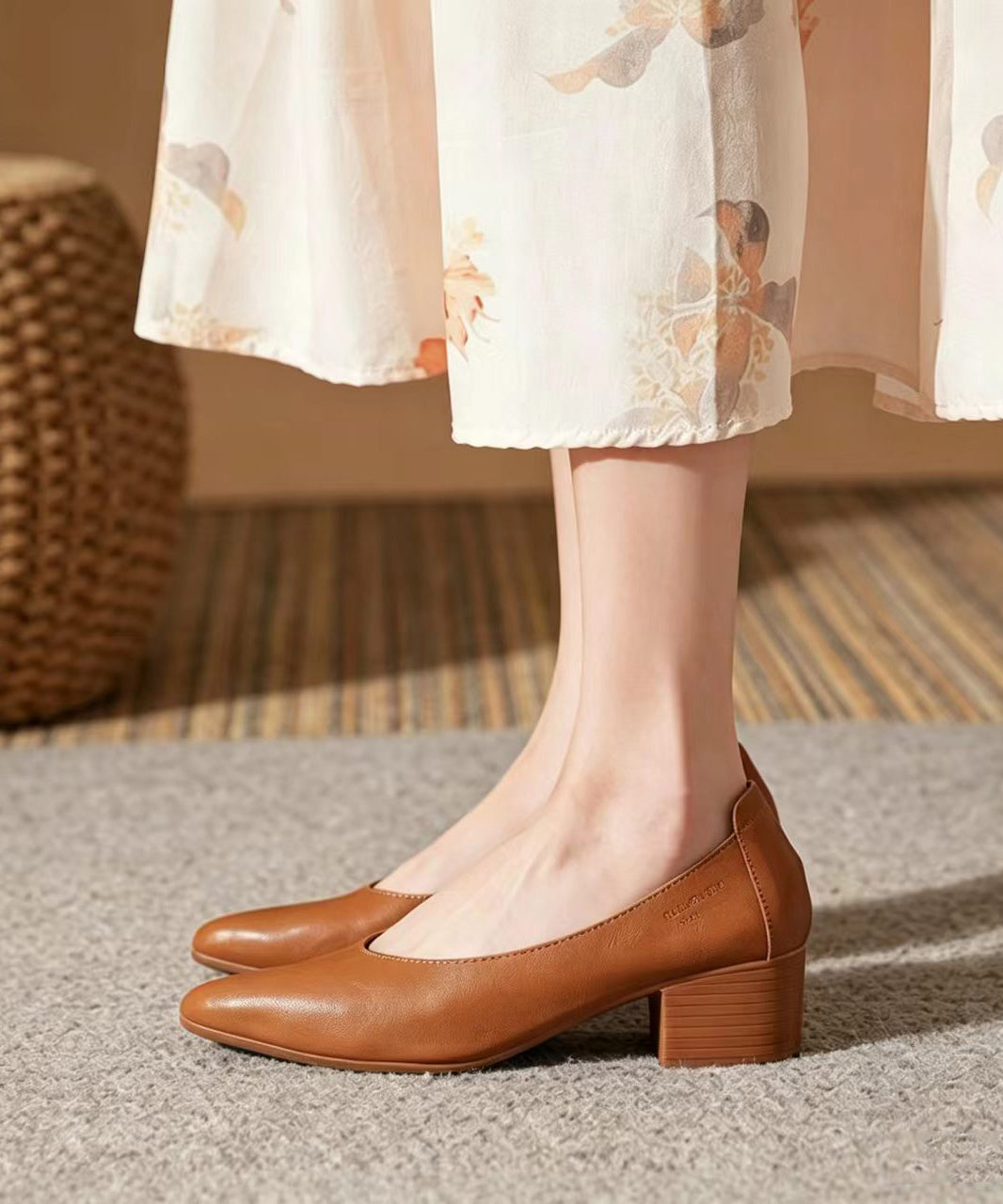 Brown Pointed Toe Faux Leather Low-Cut Chunky High Heels
