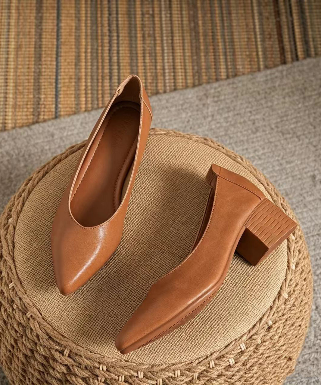 Brown Pointed Toe Faux Leather Low-Cut Chunky High Heels