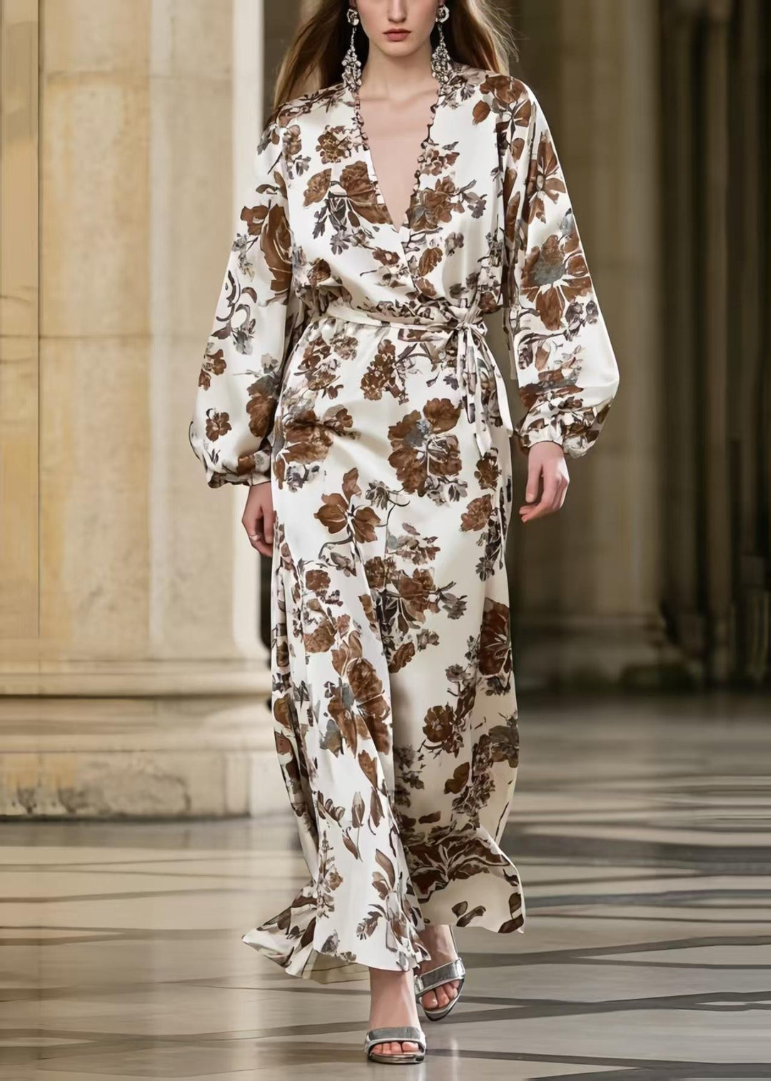Brown Print Draping Silk Vacation Dresses Tie Waist Spring