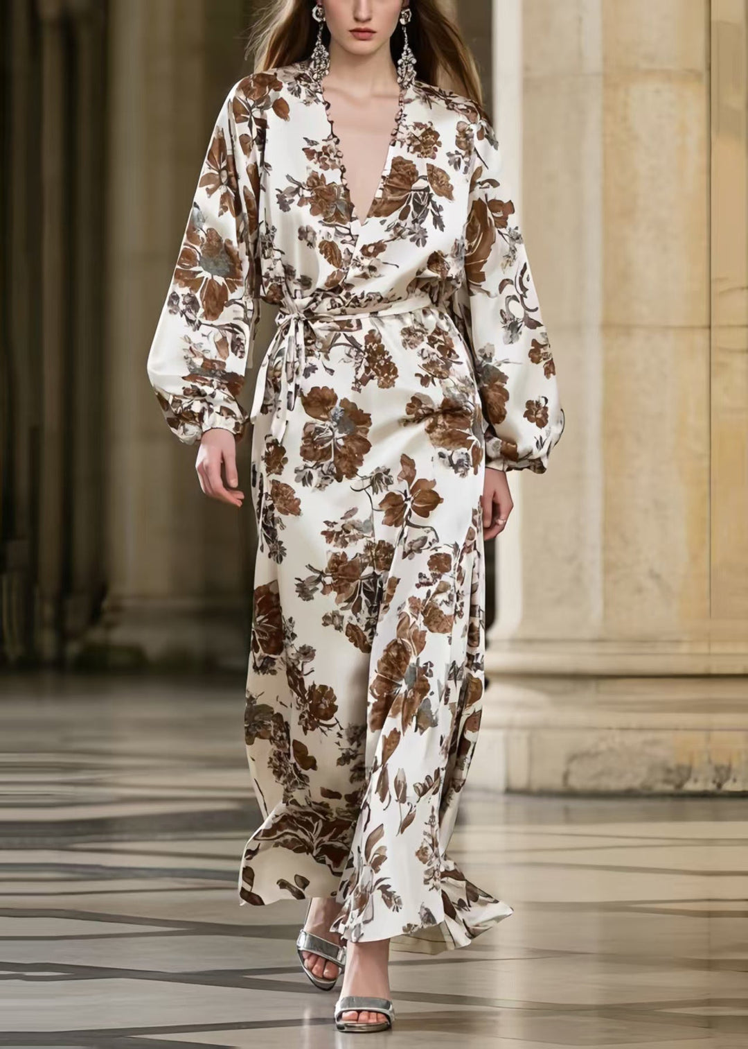 Brown Print Draping Silk Vacation Dresses Tie Waist Spring