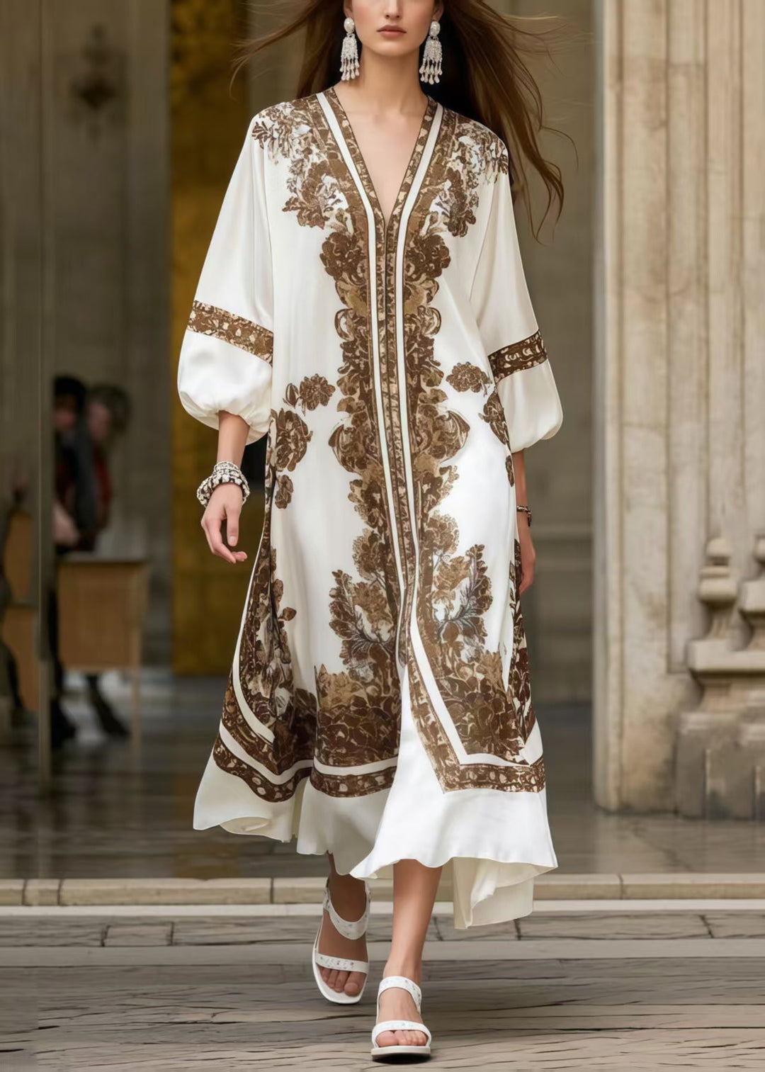 Brown Print Silk Maxi Dresses Oversized Summer