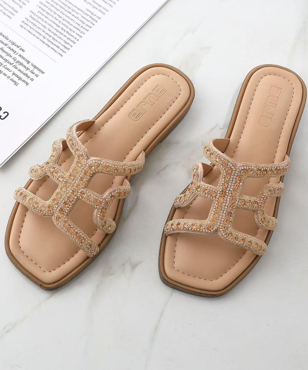 Brown Rhinestone Faux Leather Comfy Flip Flops