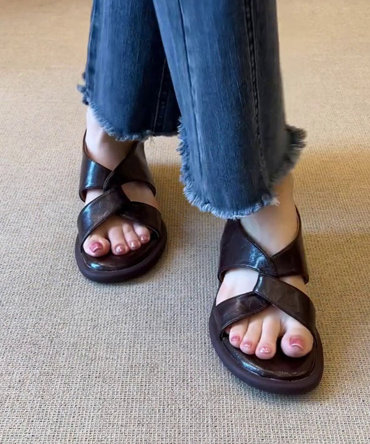 Brown Sandals Splicing Platform Sandals Peep Toe Cross Strap