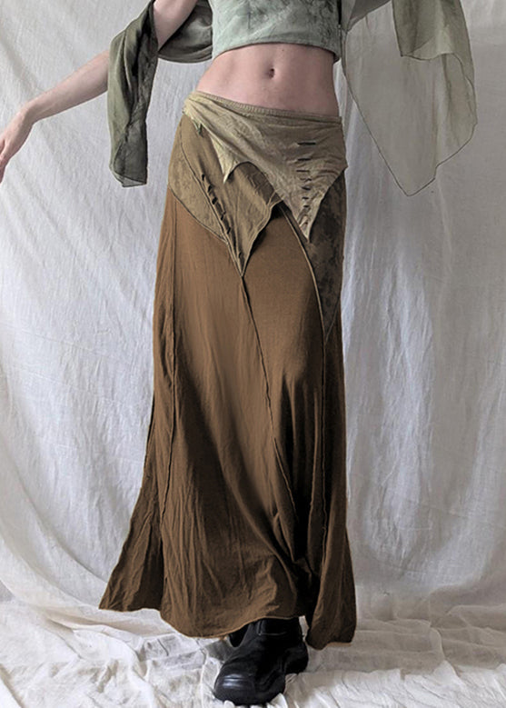 Brown Side Open Patchwork Cotton Summer Skirt Elastic Waist
