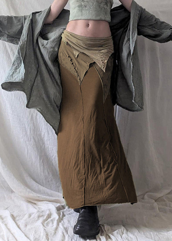 Brown Side Open Patchwork Cotton Summer Skirt Elastic Waist
