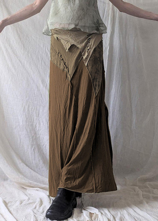 Brown Side Open Patchwork Cotton Summer Skirt Elastic Waist