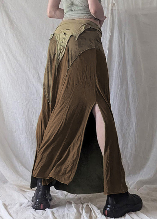 Brown Side Open Patchwork Cotton Summer Skirt Elastic Waist