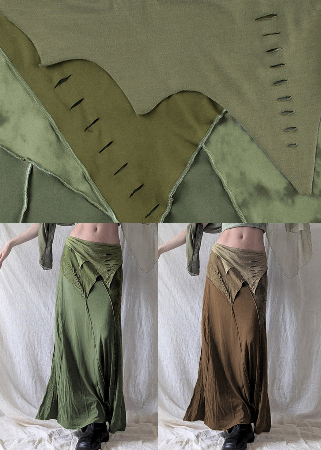 Brown Side Open Patchwork Cotton Summer Skirt Elastic Waist