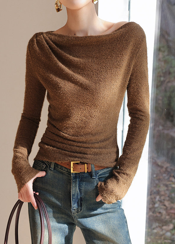 Brown Silm Fit Knit Blouses One Shoulder Spring
