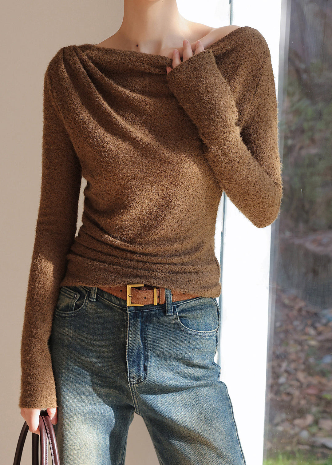 Brown Silm Fit Knit Blouses One Shoulder Spring