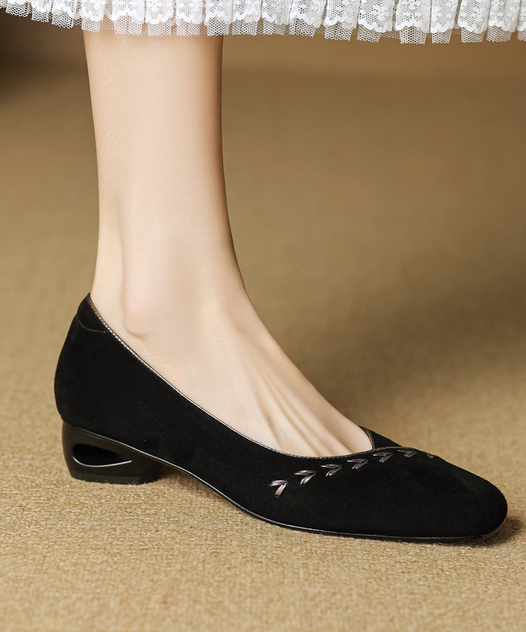 Brown Splicing Elegant Suede Chunky Shoes Square Toe