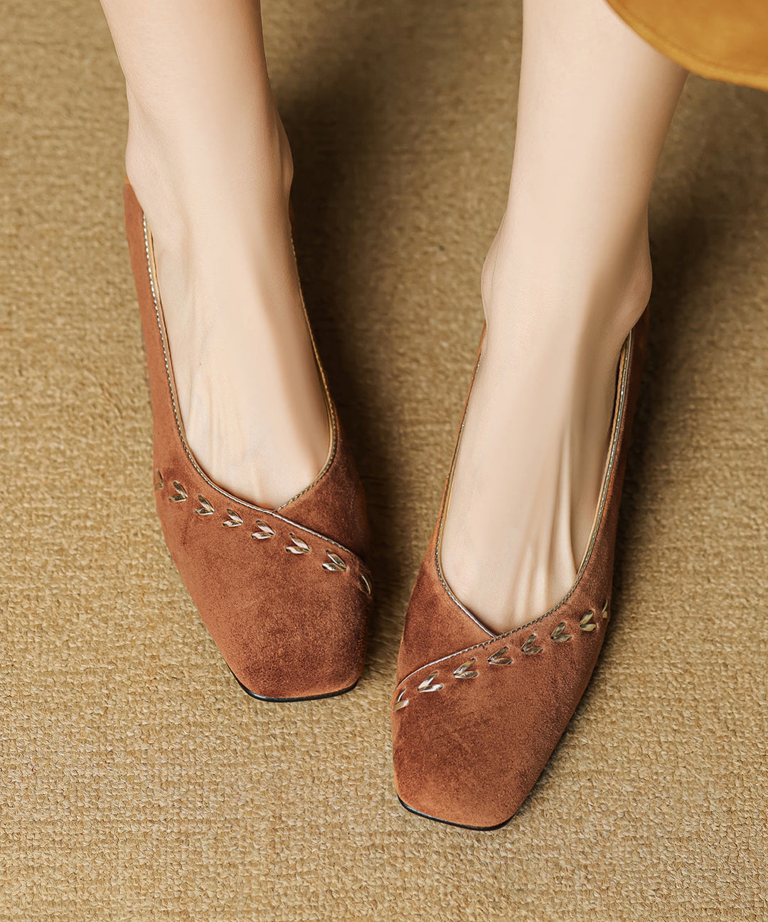 Brown Splicing Elegant Suede Chunky Shoes Square Toe