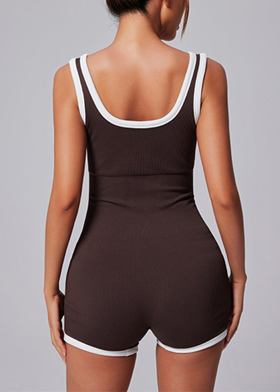 Brown Square Collar Butt Scrunch One Piece Workout Suit