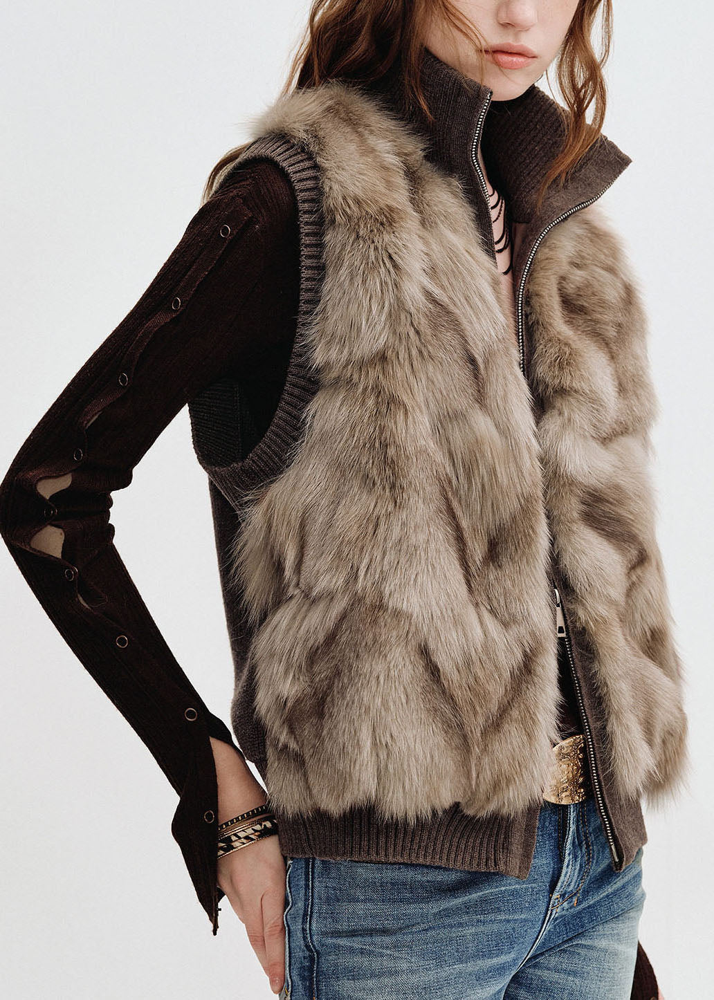 Brown Stand Collar Pockets Mink Hair Mink Hair Winter