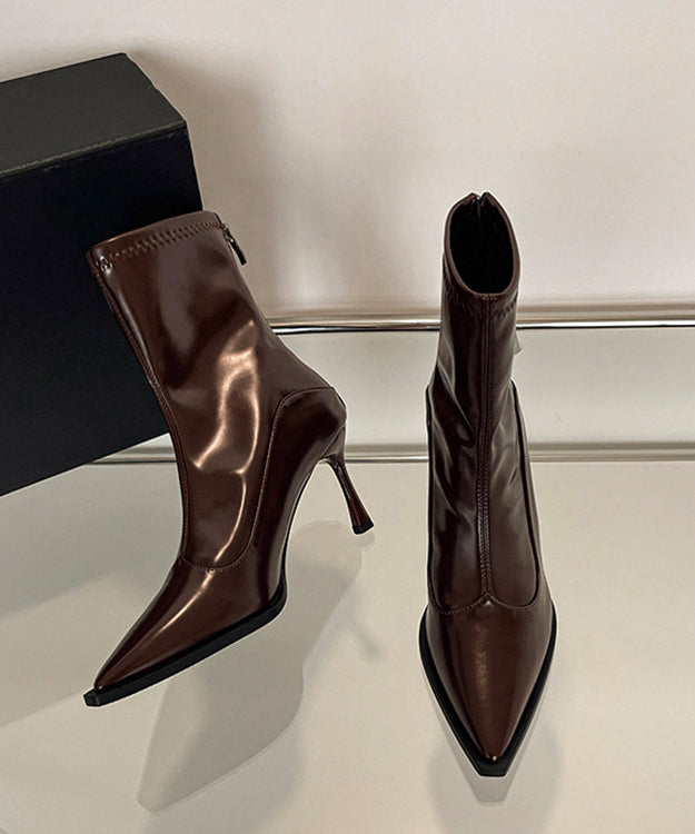 Brown Stiletto Faux Leather Fine Splicing Boots Pointed Toe