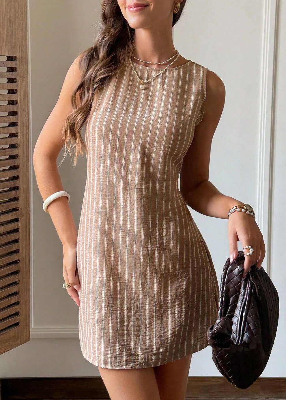 Brown Striped Linen Day Dress O-Neck Sleeveless