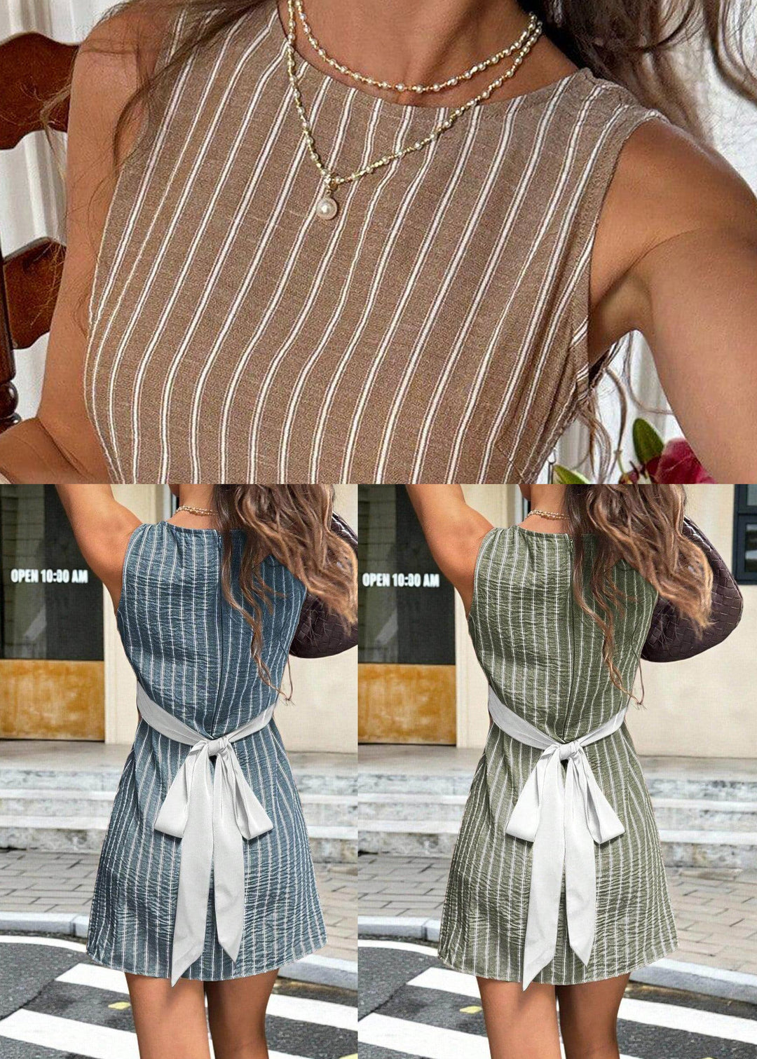 Brown Striped Linen Day Dress O-Neck Sleeveless