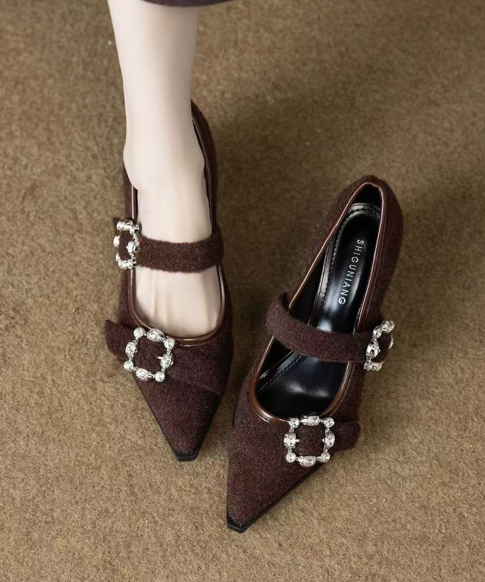 Brown Suede Art Zircon Splicing Chunky High Heels