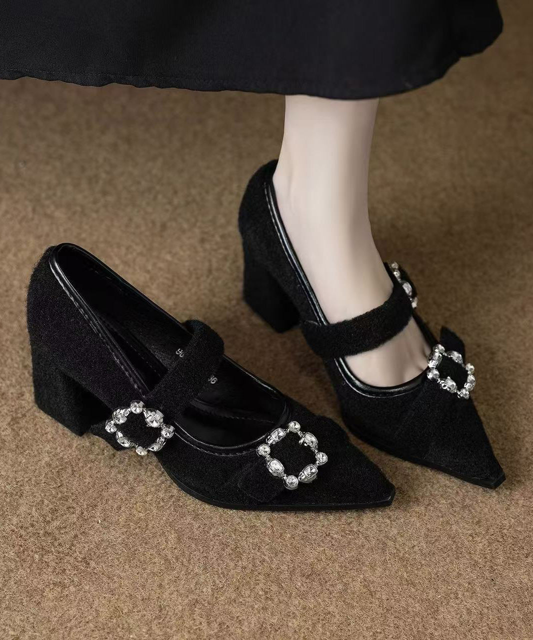 Brown Suede Art Zircon Splicing Chunky High Heels