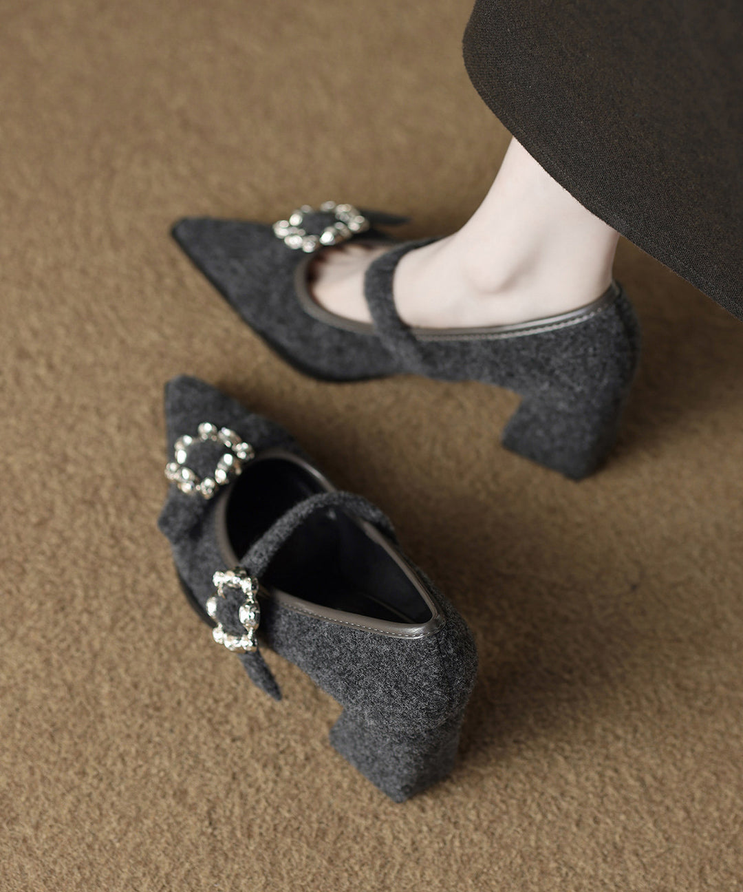 Brown Suede Art Zircon Splicing Chunky High Heels