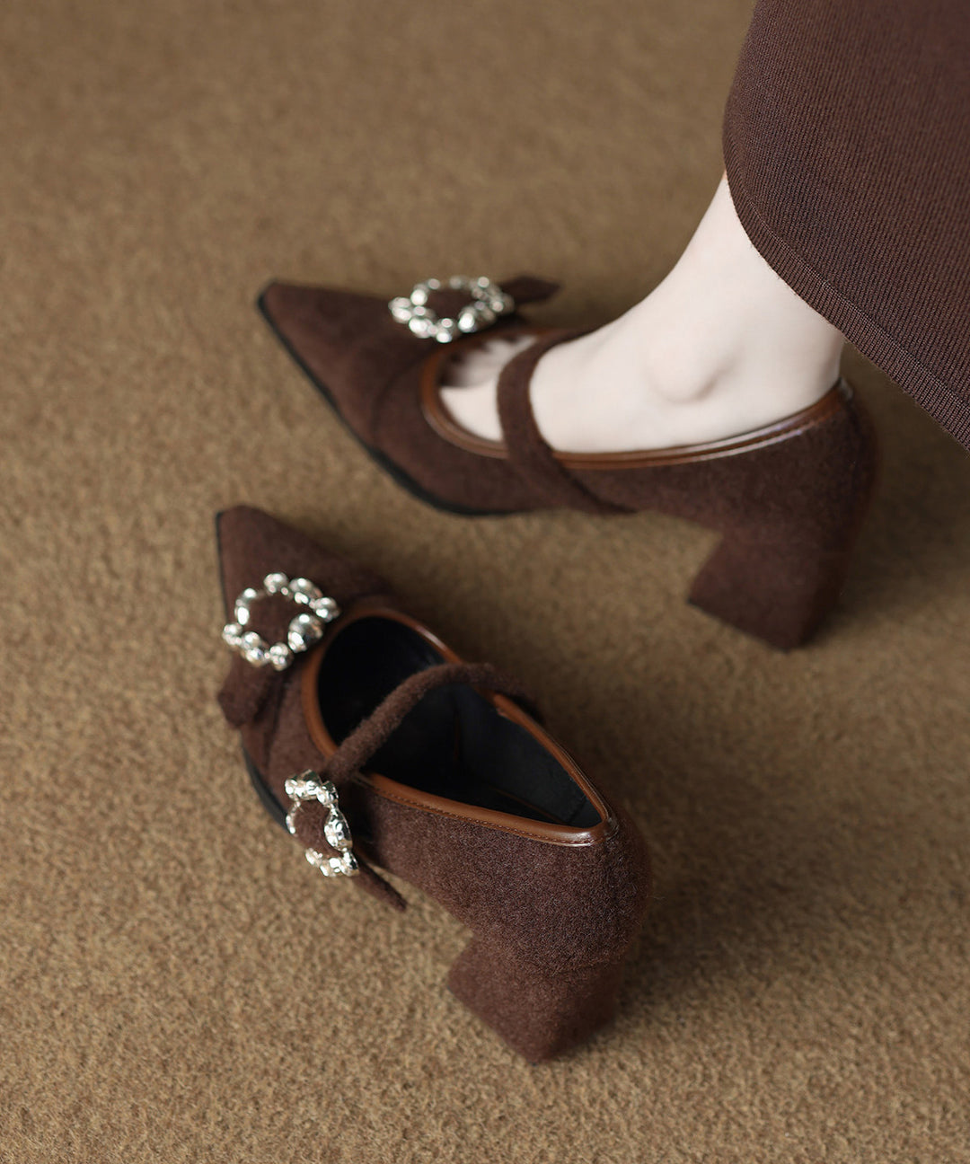 Brown Suede Art Zircon Splicing Chunky High Heels