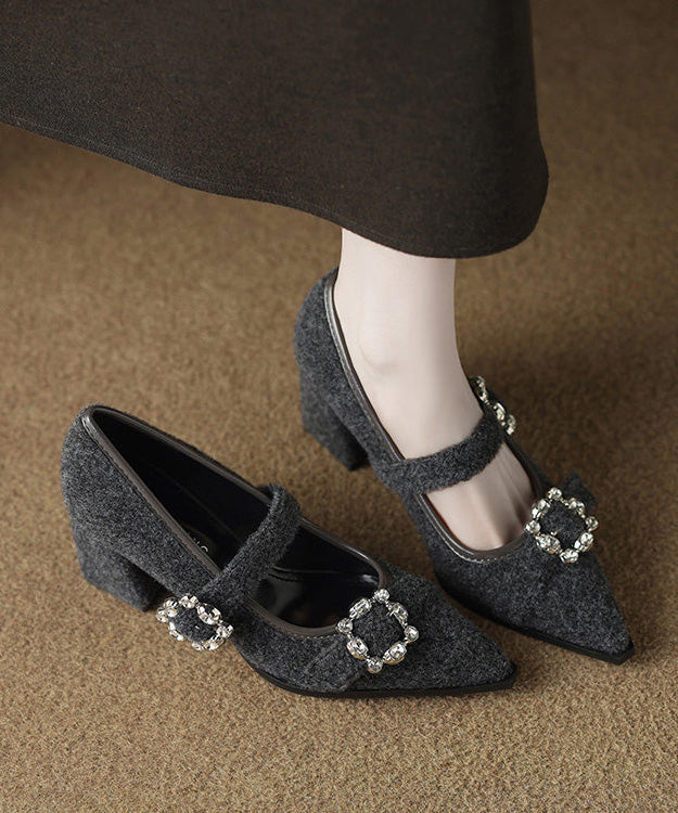 Brown Suede Art Zircon Splicing Chunky High Heels