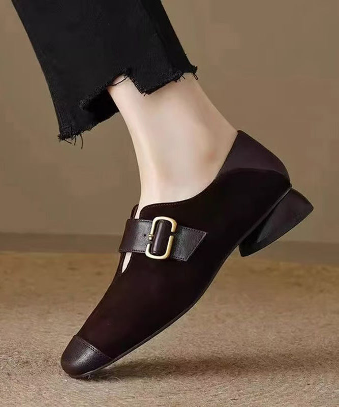 Brown Suede Buckle Strap Splicing Chunky Loafers For Women