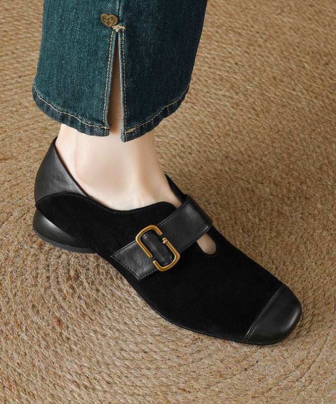 Brown Suede Buckle Strap Splicing Chunky Loafers For Women