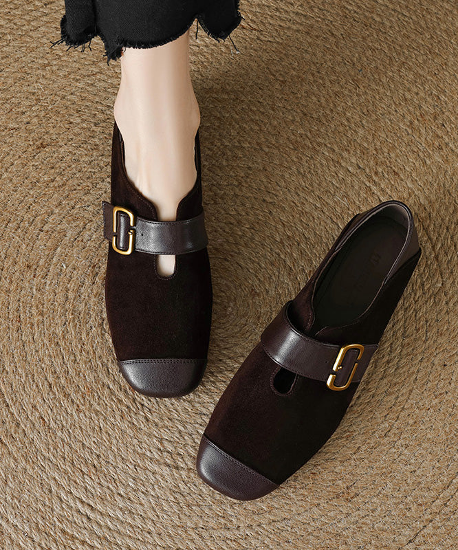 Brown Suede Buckle Strap Splicing Chunky Loafers For Women