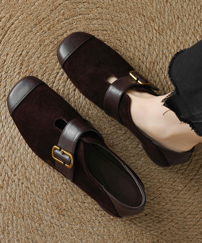 Brown Suede Buckle Strap Splicing Chunky Loafers For Women