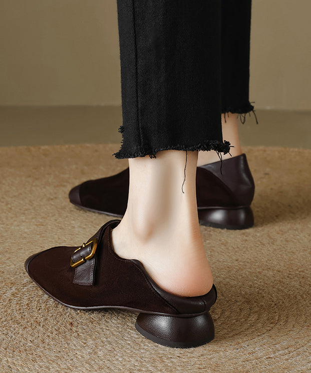 Brown Suede Buckle Strap Splicing Chunky Loafers For Women
