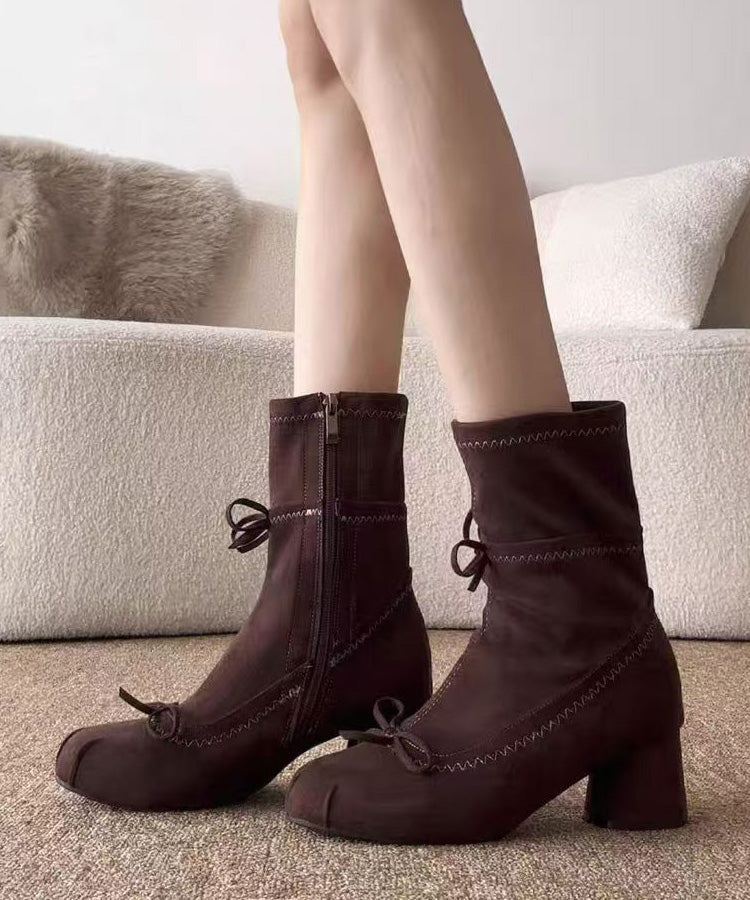 Brown Suede Chic Bow Splicing Boots