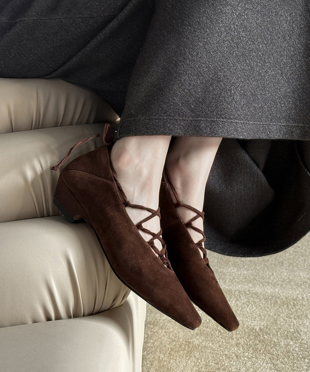 Brown Suede Cross Strap Splicing French Chunky Shoes