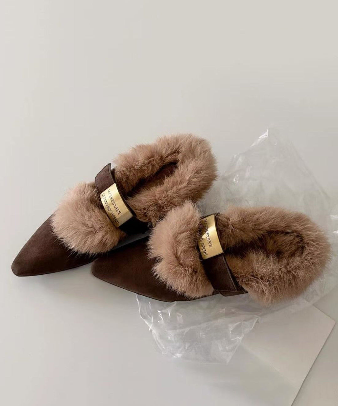 Brown Suede Splicing Chunky Heel Fuzzy Wool Lined Pointed Toe