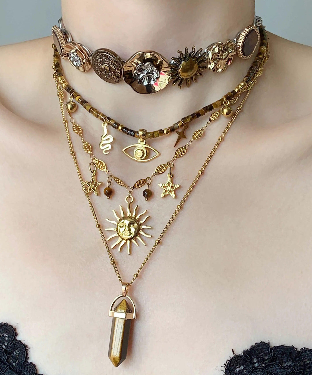 Brown Tiger's Eye Long Column Sun Layering Titanium Steel Four Piece Set Pendant Necklace