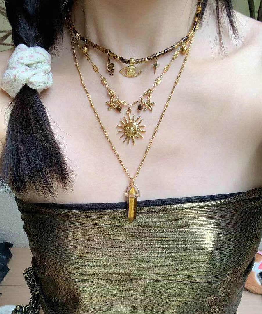 Brown Tiger's Eye Long Column Sun Layering Titanium Steel Four Piece Set Pendant Necklace