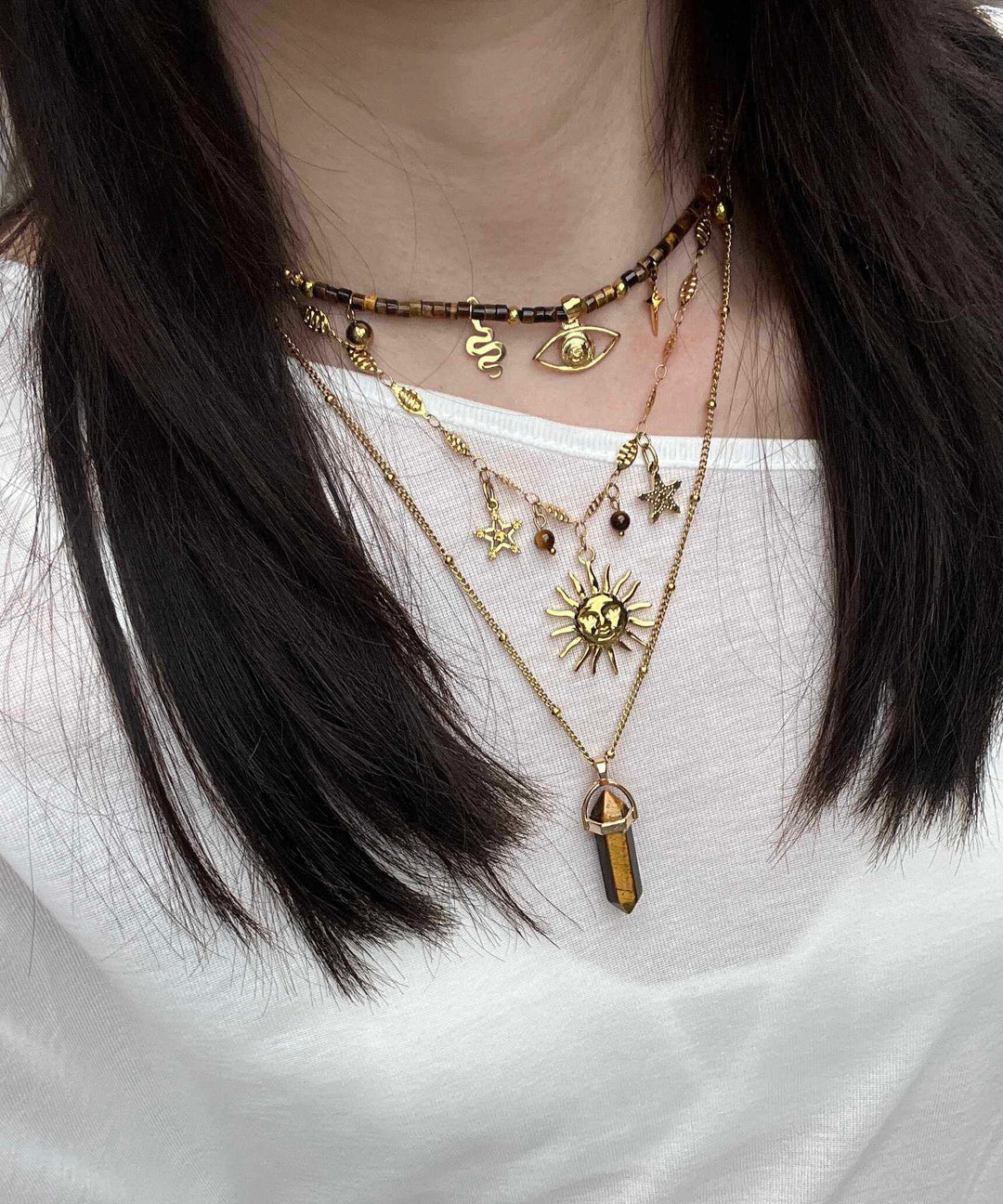 Brown Tiger's Eye Long Column Sun Layering Titanium Steel Four Piece Set Pendant Necklace