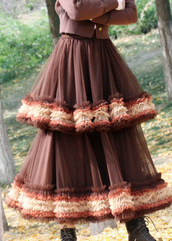 Brown Tulle Vacation Skirt Layered Ruffled Spring