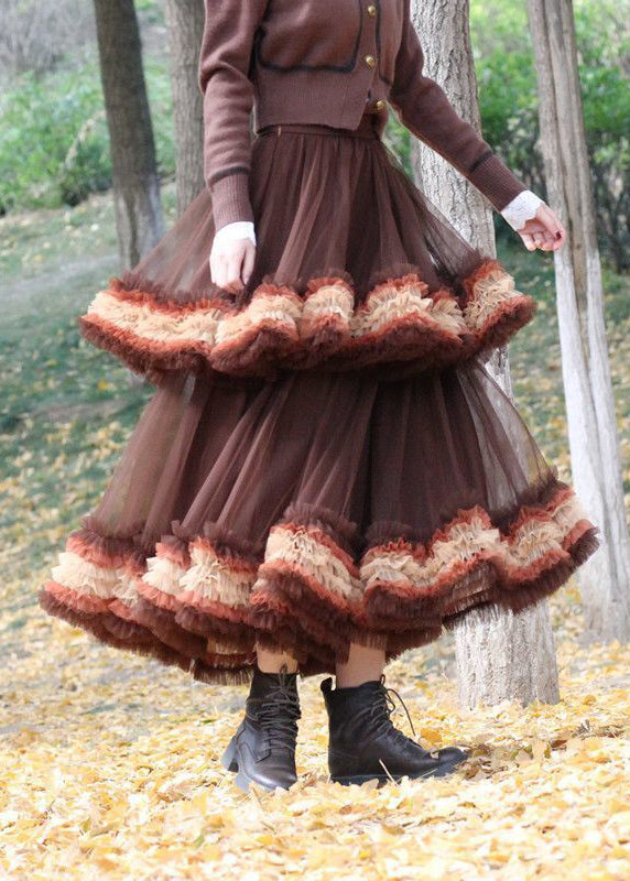 Brown Tulle Vacation Skirt Layered Ruffled Spring