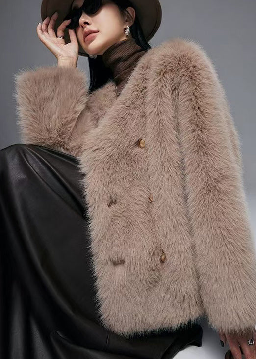 Brown Warm Faux Fox Fur Coats V Neck Double Breast Winter